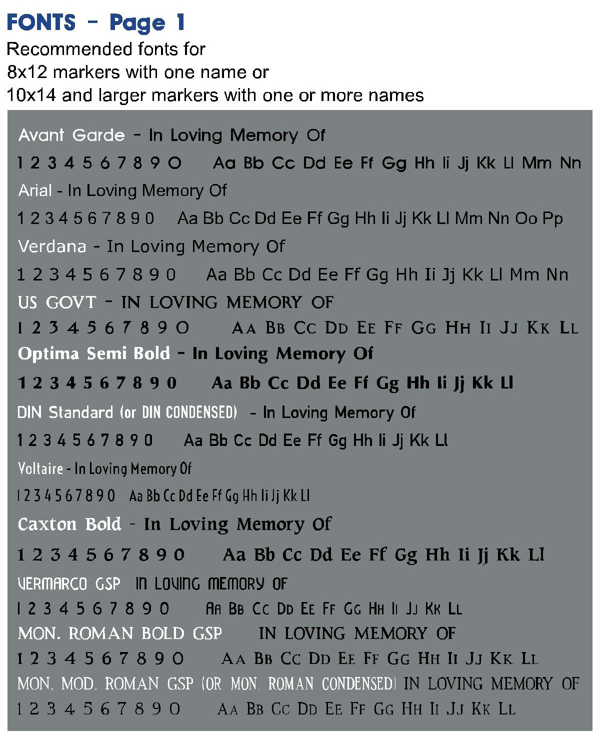 These fonts can be shrunk to suit 8 x 12 singles & 10 x 14 doubles