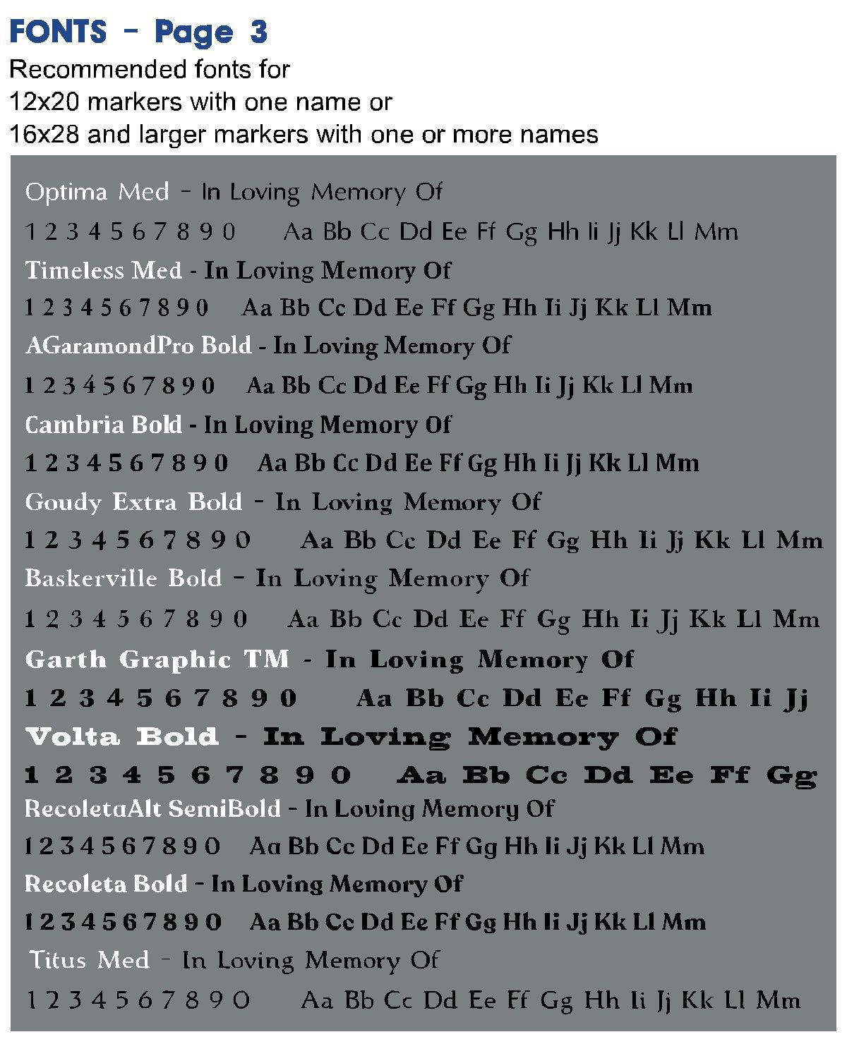A list of fonts including in loving memory of