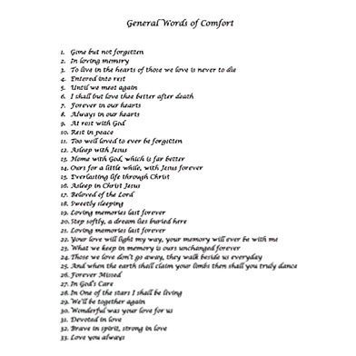 A list of general words of comfort on a white background