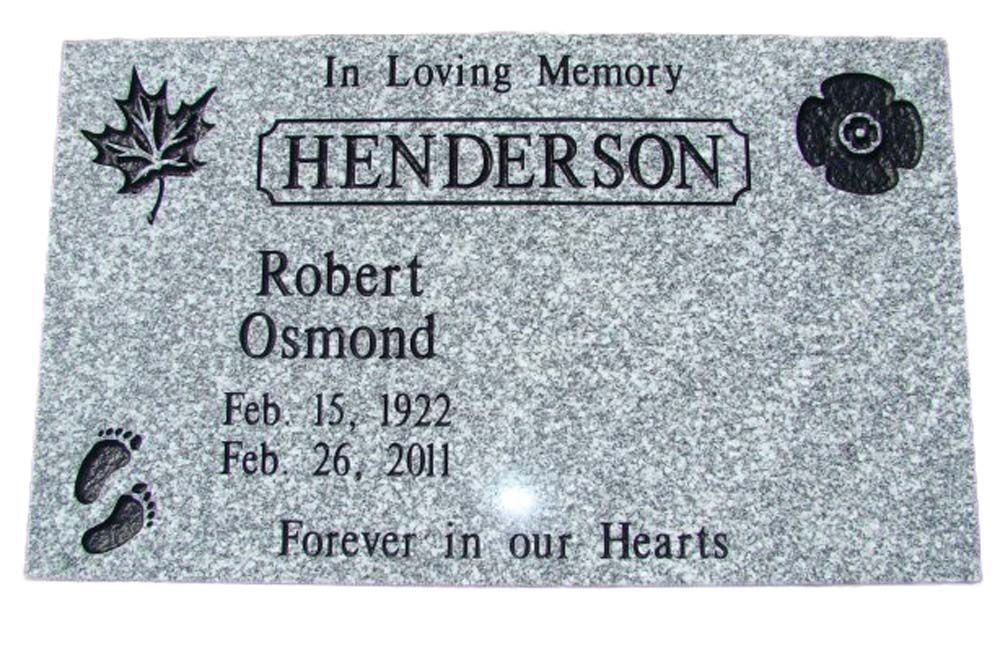 A gravestone for robert osmond with a maple leaf and footprints on it.