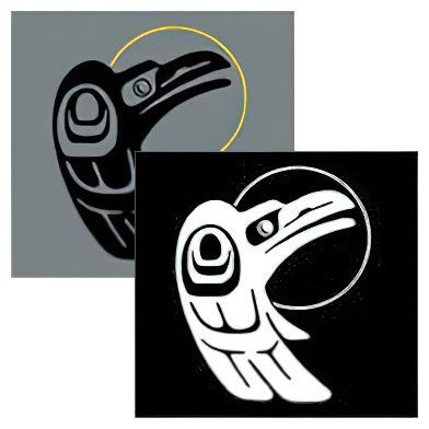 A black and white drawing of first nations raven art with moon
