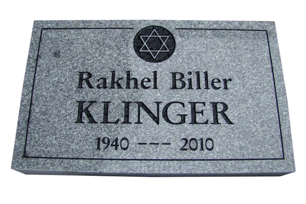 A gravestone for rakhel biller klinger with a star of david on it.