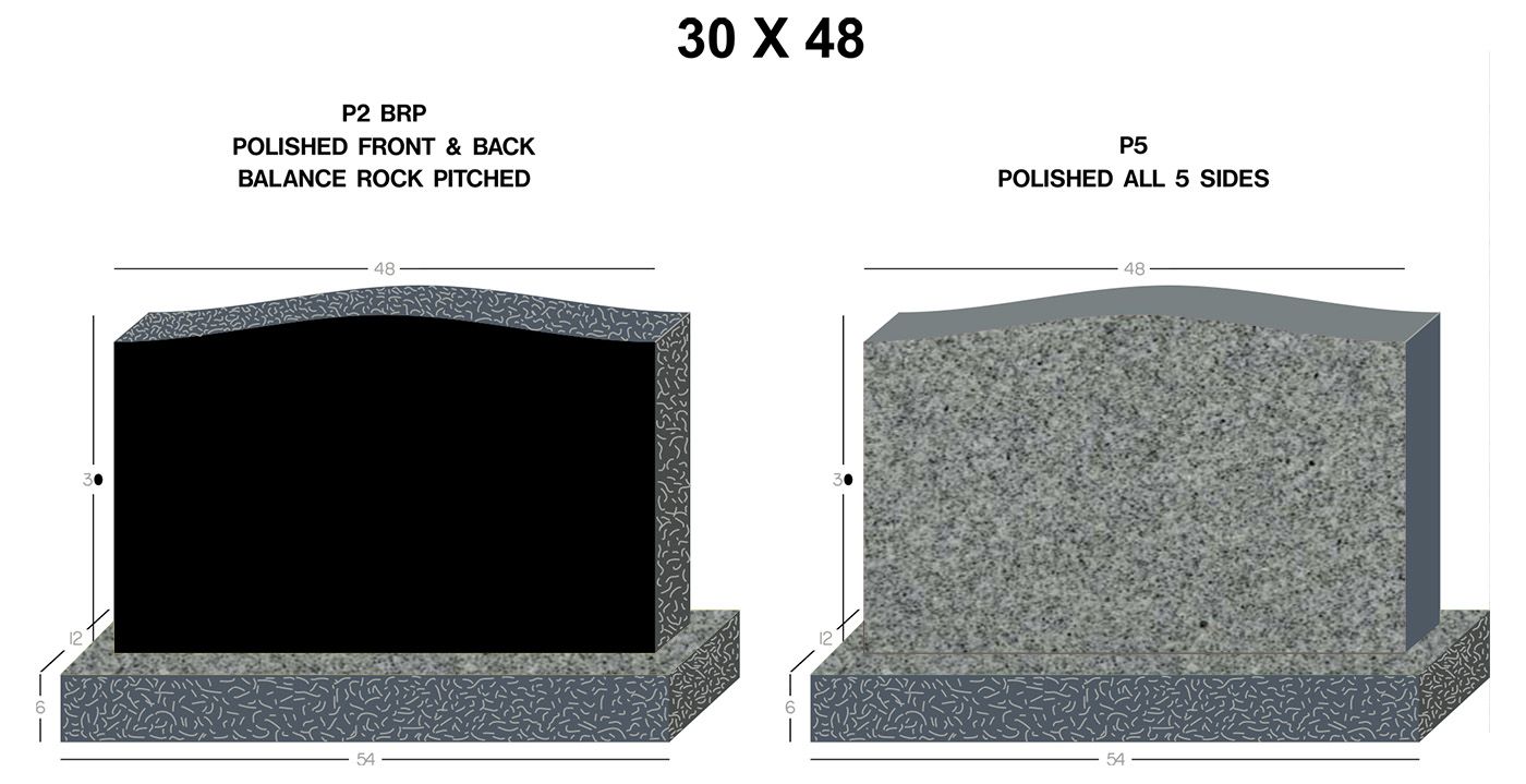 a black and gray gravestone with the measurements 30 x 48