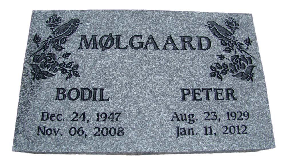 A gravestone for a man named molgaard and a woman named bodil.