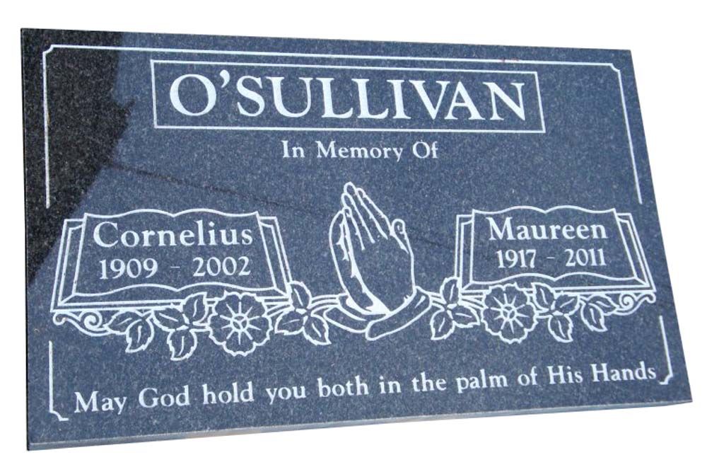A gravestone for o ' sullivan with praying hands on it