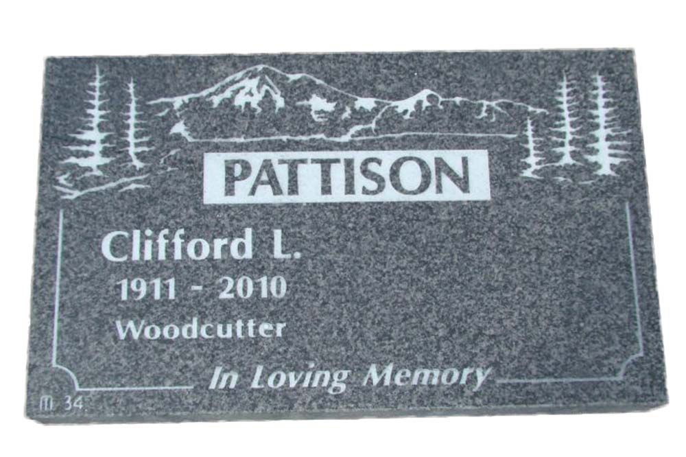 A gravestone for pattison with mountains and trees on it