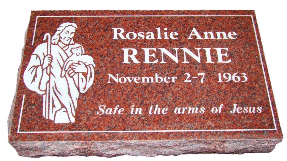 A gravestone for rosalie anne rennie with a picture of jesus on it.