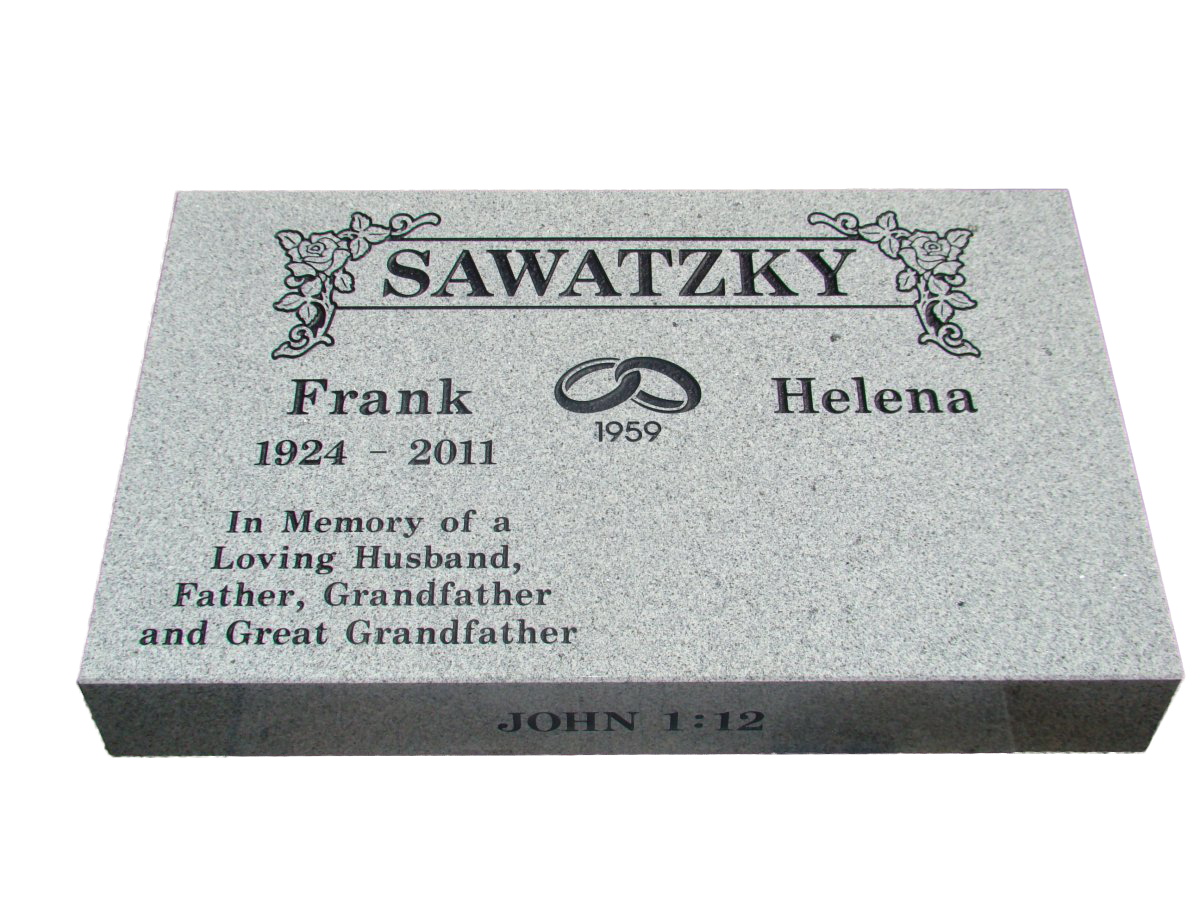 A gravestone for frank and helena is sitting on a white surface.
