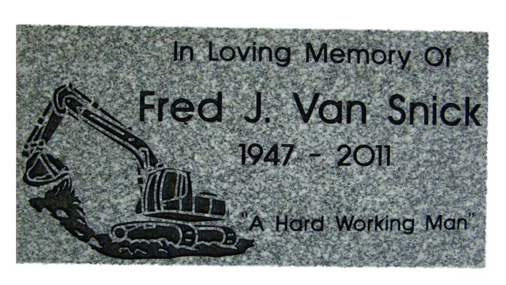 A gravestone for fred j. van snick with a picture of an excavator on it.