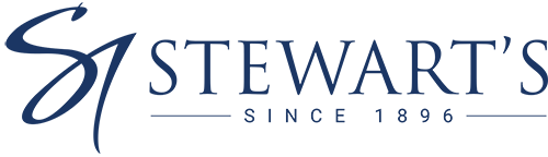 a blue and white logo for stewart 's since 1896