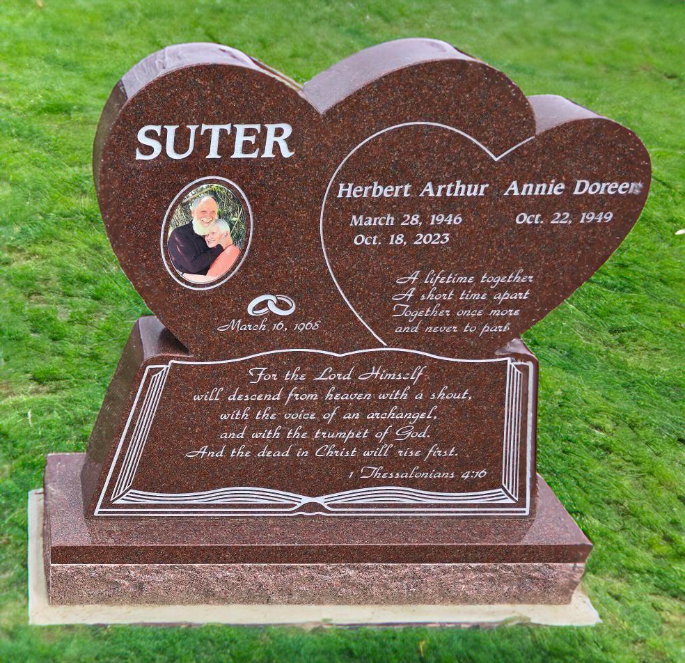 custom shaped red granite heart headstone
