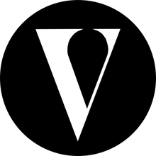 The letter v is in a black circle with a white triangle in the middle.