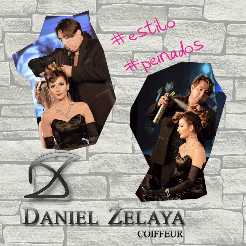 Un cartel de Daniel Zelaya Coiffeur muestra a un hombre secando el cabello de una mujer.