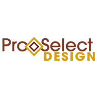 Pro Select Design logo with brown and gold lettering and geometric design.