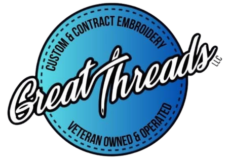 Logo for Great Threads Custom Embroidery in Belchertown, MA. Blue circle with white script text.