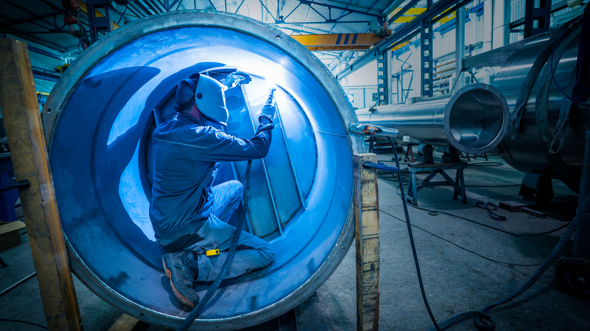 A man is welding a metal pipe in a factory.