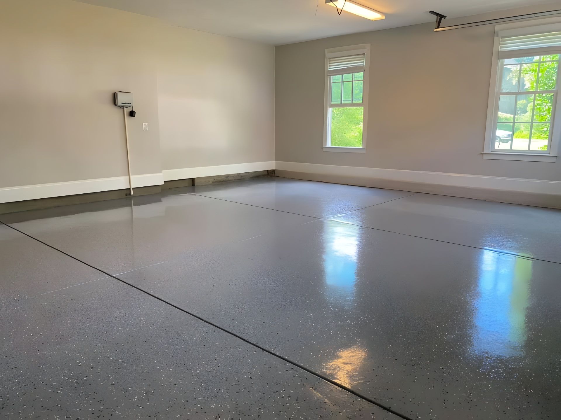 Empty garage with epoxy floor, gray walls, and two windows.