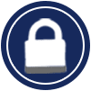White padlock icon within a dark blue circle, symbolizing security or privacy.