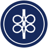 Blue circle with a white emblem. The emblem has a vertical line through the center with four connected ovals on each side.