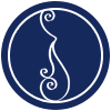 Blue circle logo with white outline of a stylized flame shape with swirls.