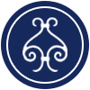 White stylized symbol in a dark blue circle with a white border.