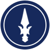 White spearhead icon within a blue circle, outlined by a white border.