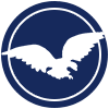 White eagle silhouette within a blue circle, navy background.