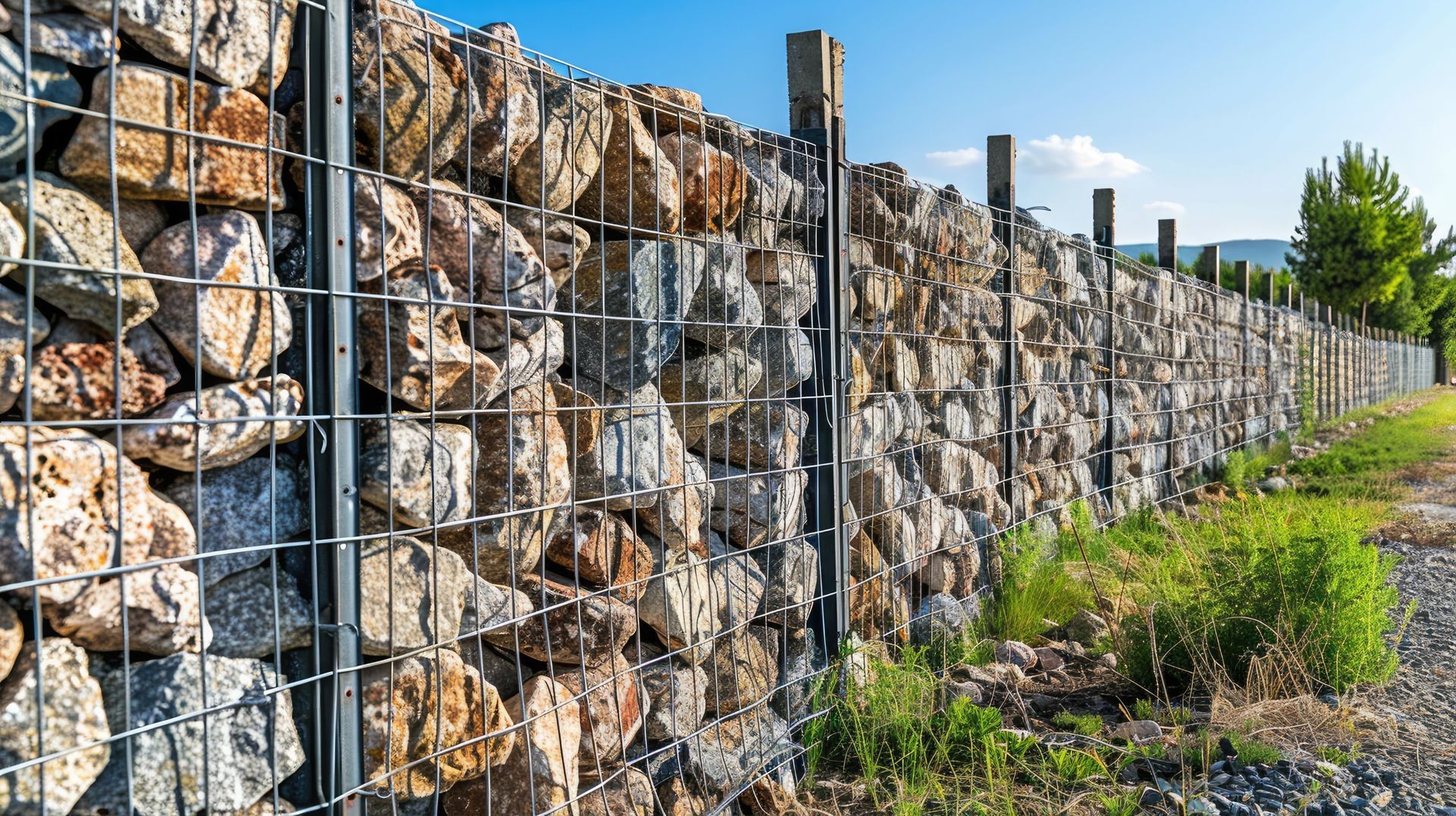 Gabion wall made of stacked rocks and wire mesh, beside a grassy area under a blue sky.