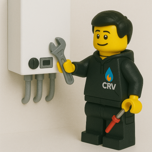 LEGO-mannetje van CRV Service dat een defecte CV-ketel of kraan herstelt