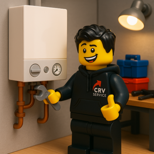 LEGO-mannetje van CRV Service dat onderhoud uitvoert aan een verwarmingsketel