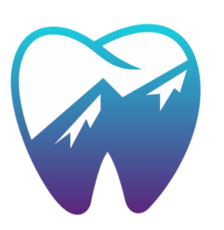 Logo en forme de dent avec silhouette de montagne bleue, dégradé du bleu au violet.