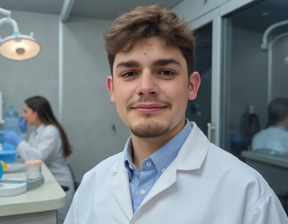 Un homme en blouse blanche sourit dans un cabinet dentaire. Une autre personne travaille à l'arrière-plan.