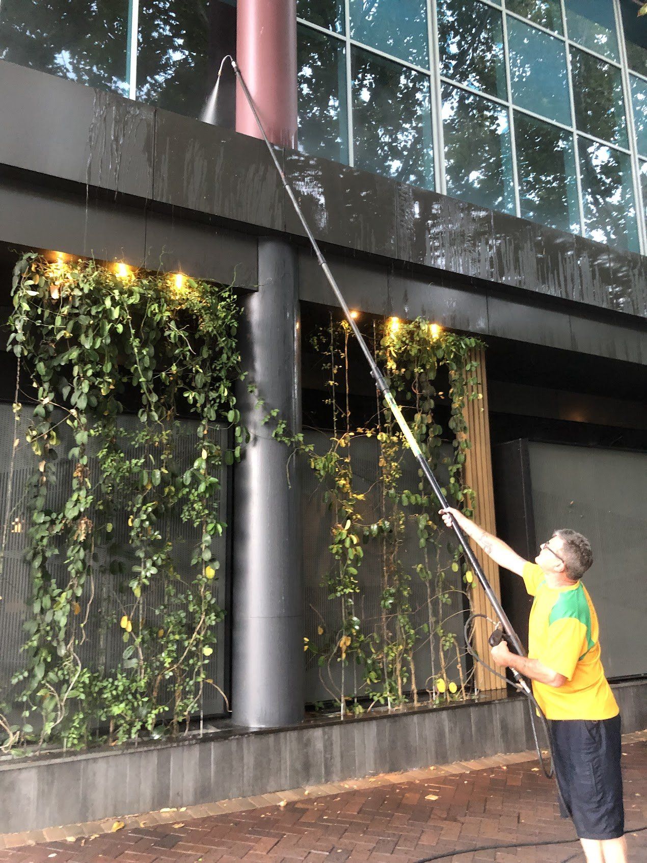 cleaning glass railings using water fed pole cleaner
