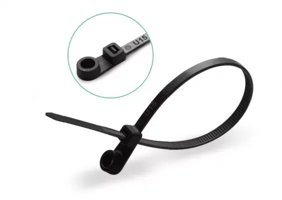 Mountie cable tie with screw mounting hole for fixing cables to panels and frames