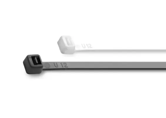 Two cable ties, one black and one white, on a white background.