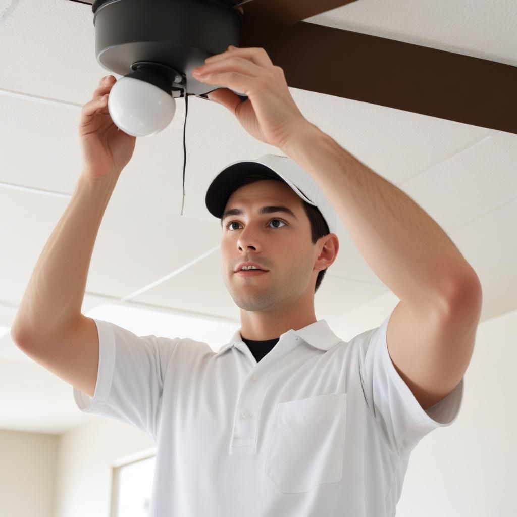 A technician is fixing a ceiling fan