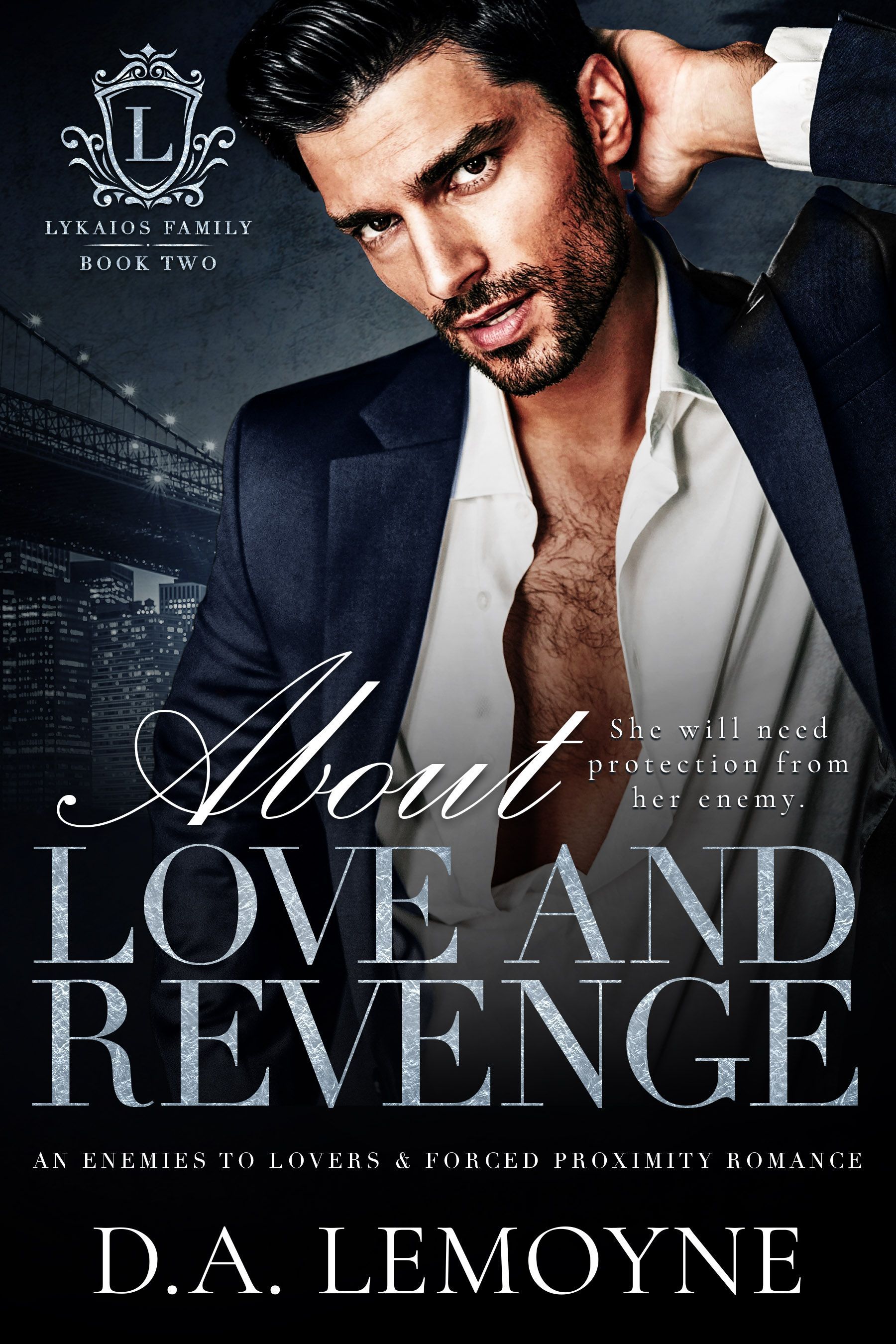 A man in a suit is on the cover of a book called About Love and Revenge by D.A. Lemoyne.