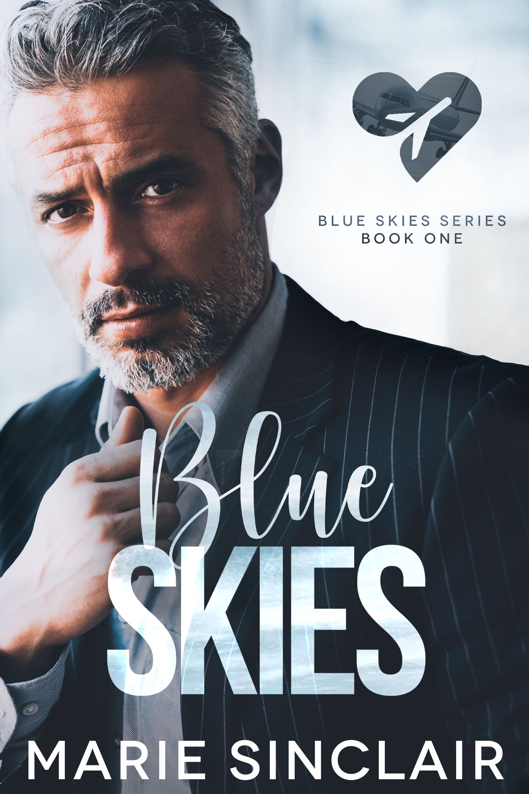 A man in a suit and tie is on the cover of a book called blue skies by marie sinclair.