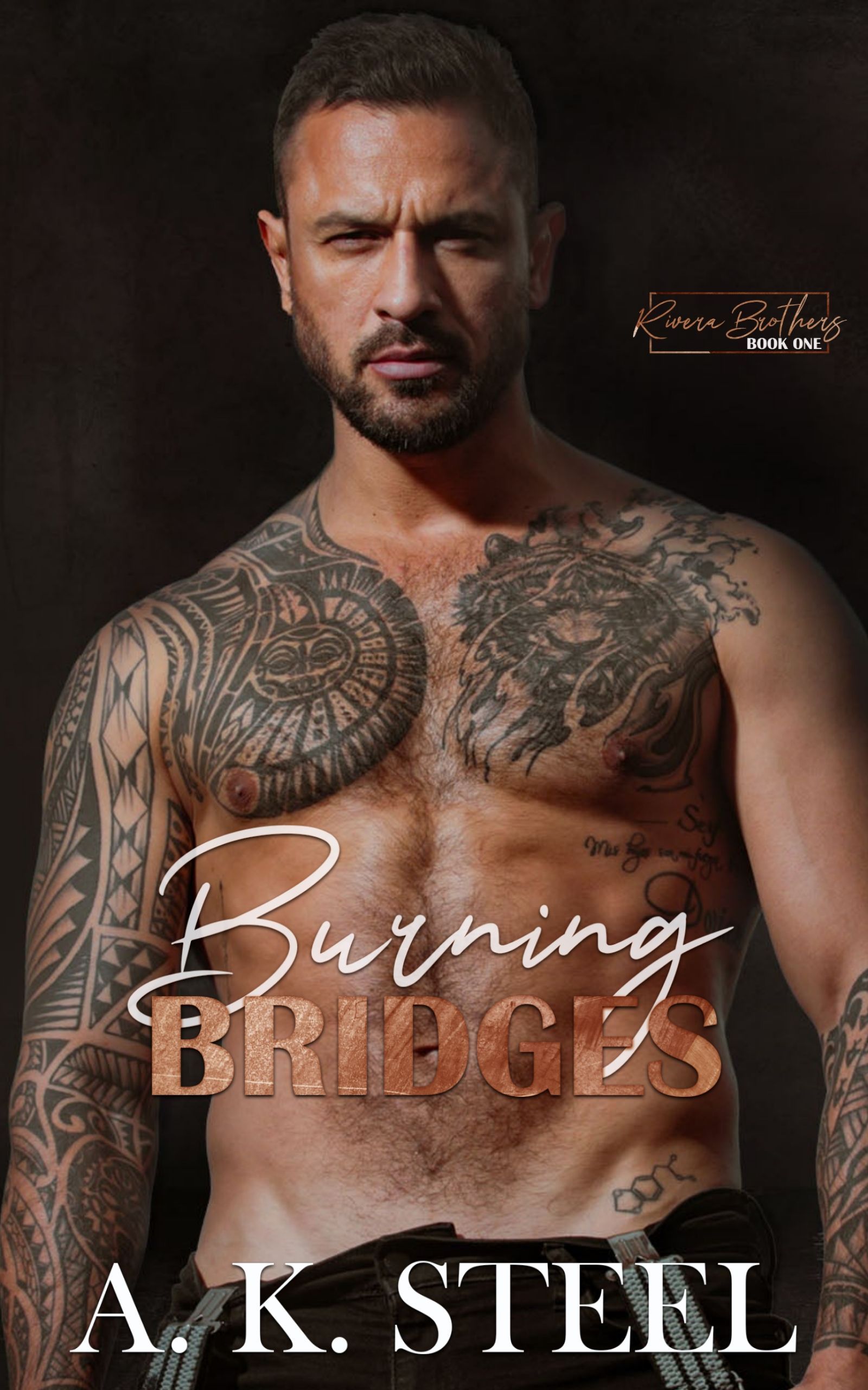 a shirtless man with tattoos is on the cover of burning bridges by a.k. steel