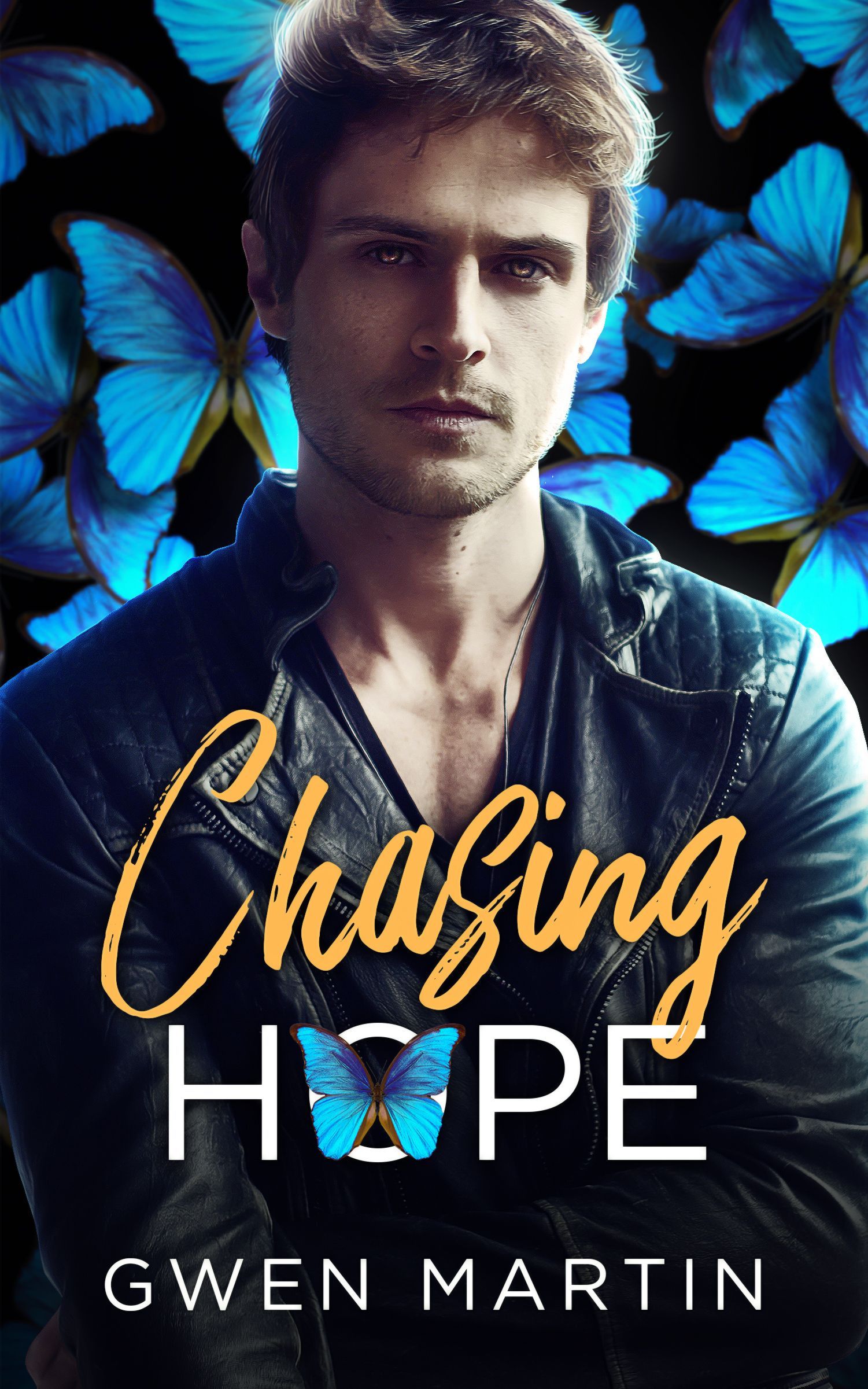 A man in a leather jacket is on the cover of a book called Chasing Hope by Gwen Martin.