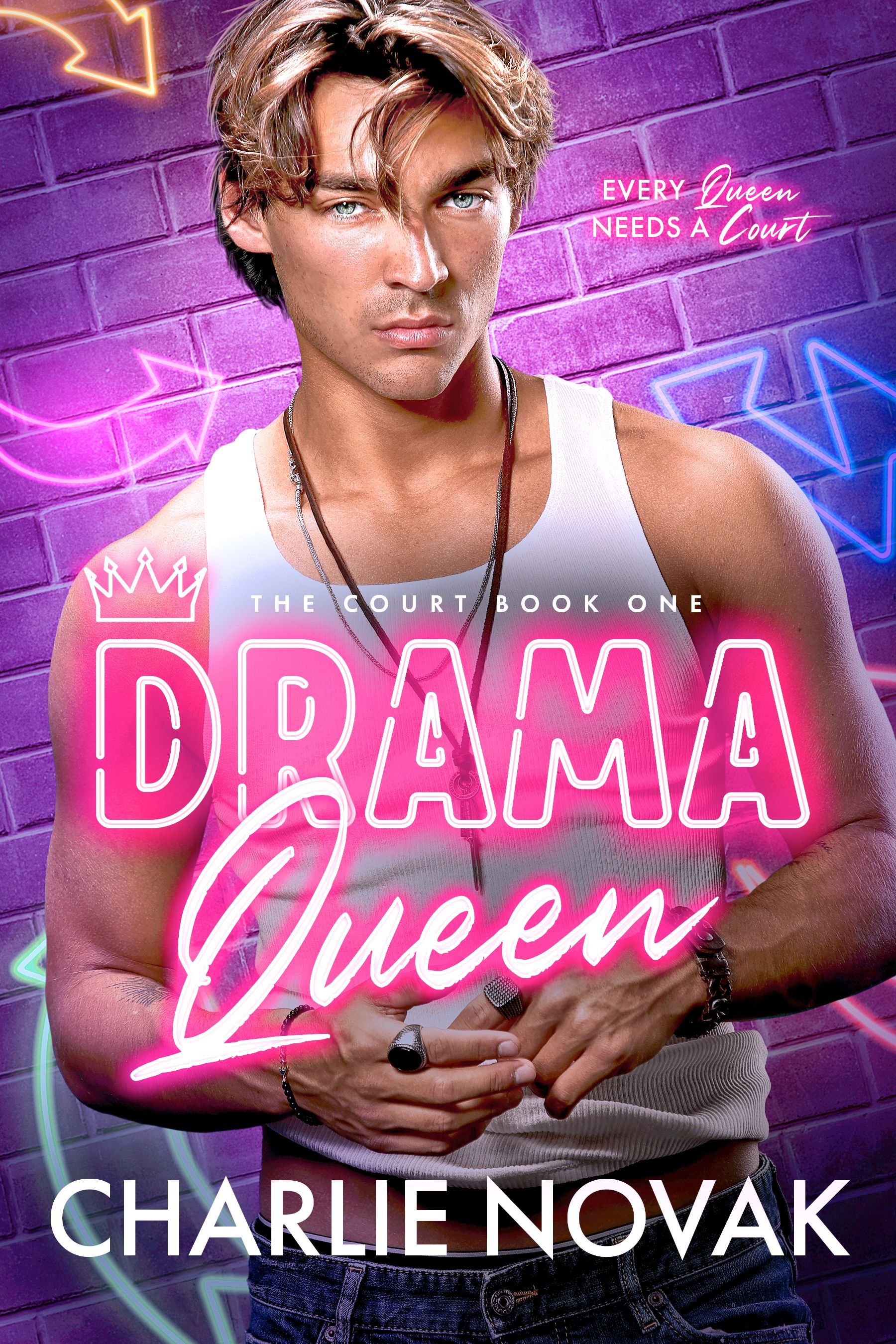 The cover of the book drama queen by charlie novak shows a man standing in front of a brick wall.