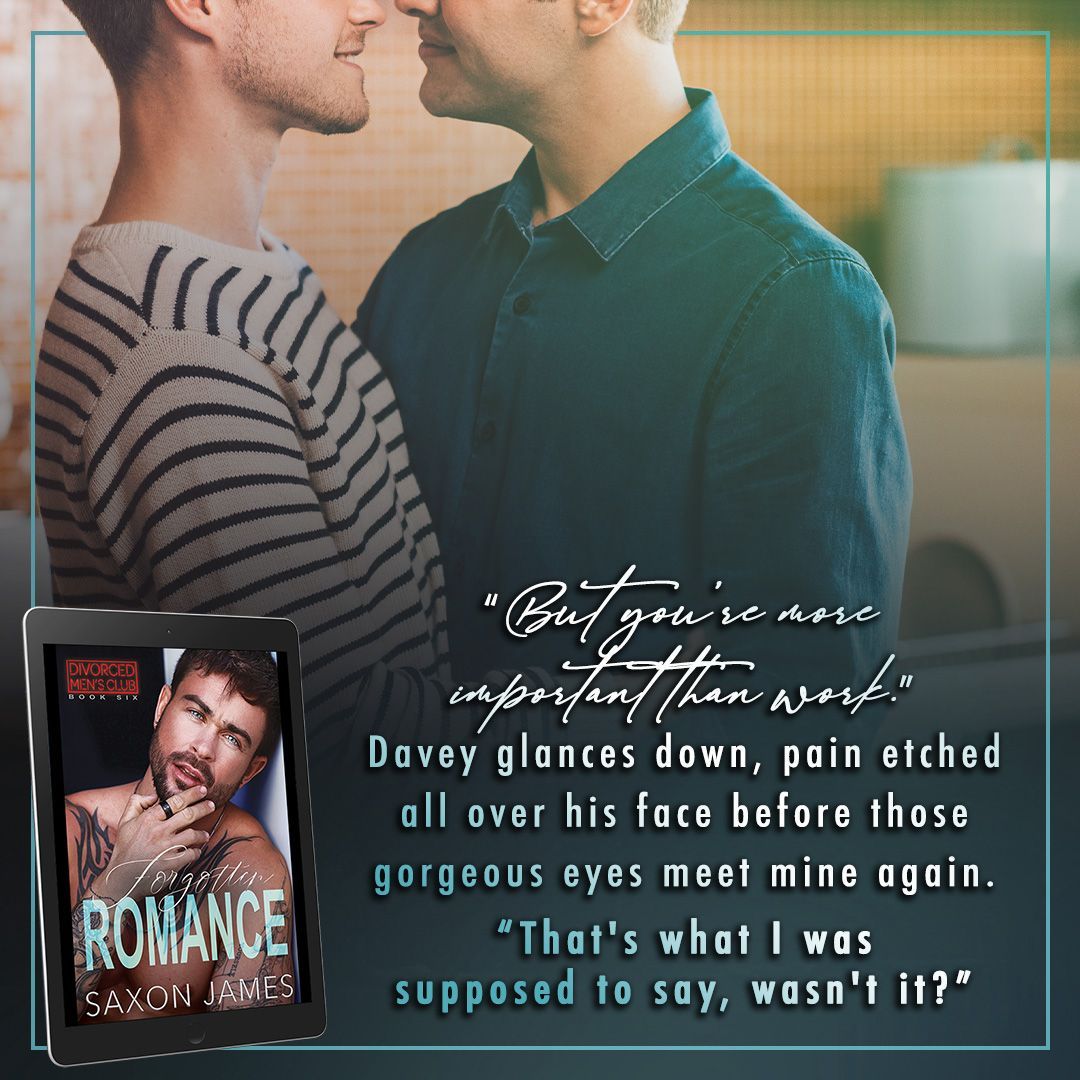 A picture of two men kissing next to a book called Forgotten Romance by Saxon James.