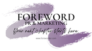 A purple brush stroke with the words `` foreword pr & marketing '' on it.