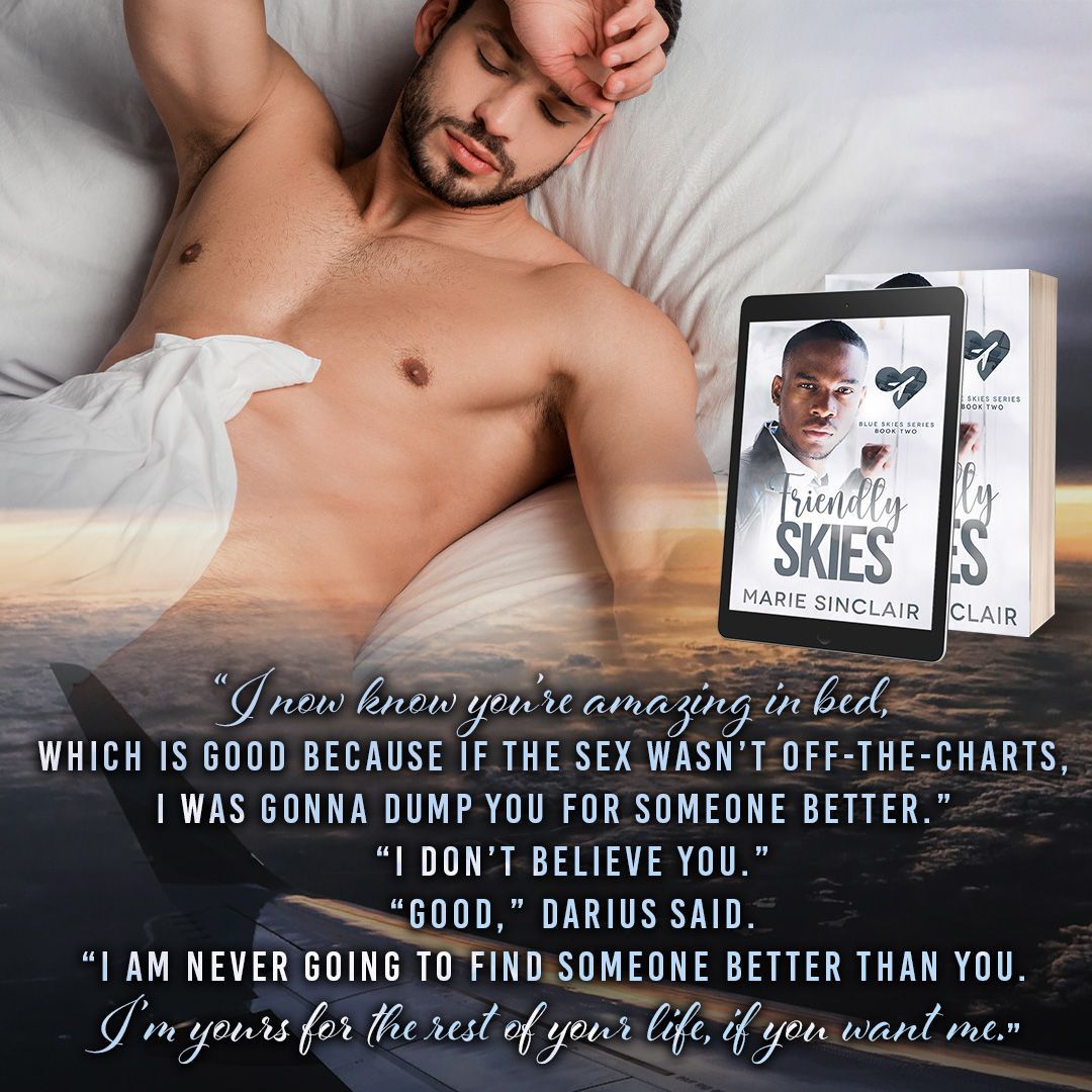 A shirtless man is lying in bed next to a book called Friendly Skies by Marie Sinclair.