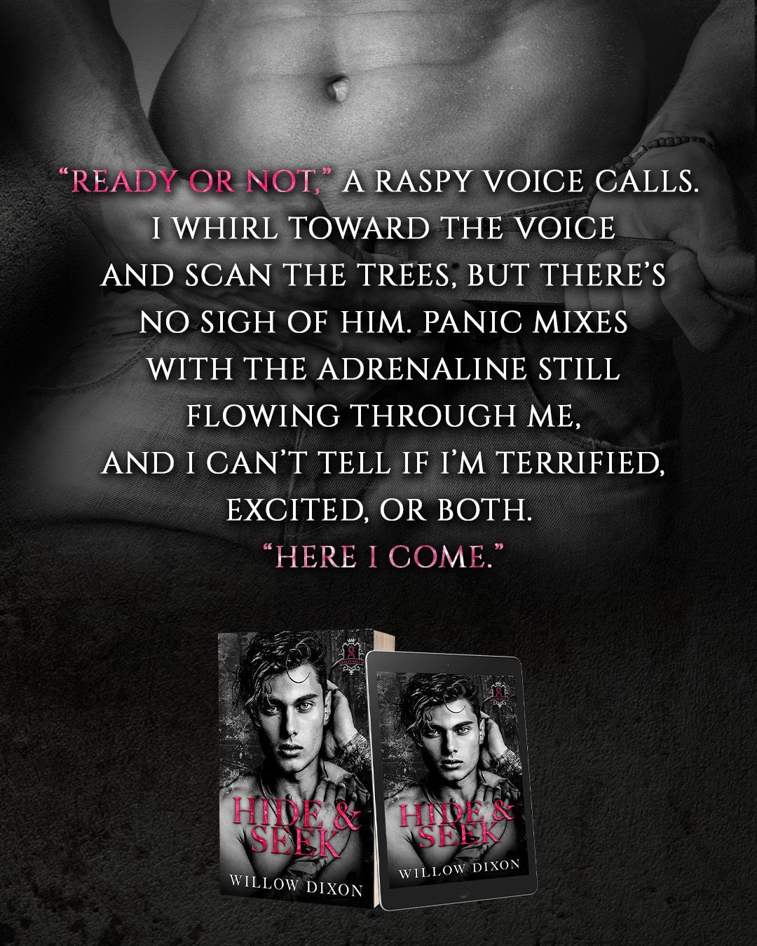 A spicy, strangers to lovers, opposites attract, M/M romance book. It features stalking, first times, some forced proximity, hurt/comfort, lots of primal play, mild CNC, outdoor and public fun, voyeurism/exhibitionism, with a protective MC, morally ambiguous heroes, not-so-secret societies, along with high heat, and lots of spicy times.