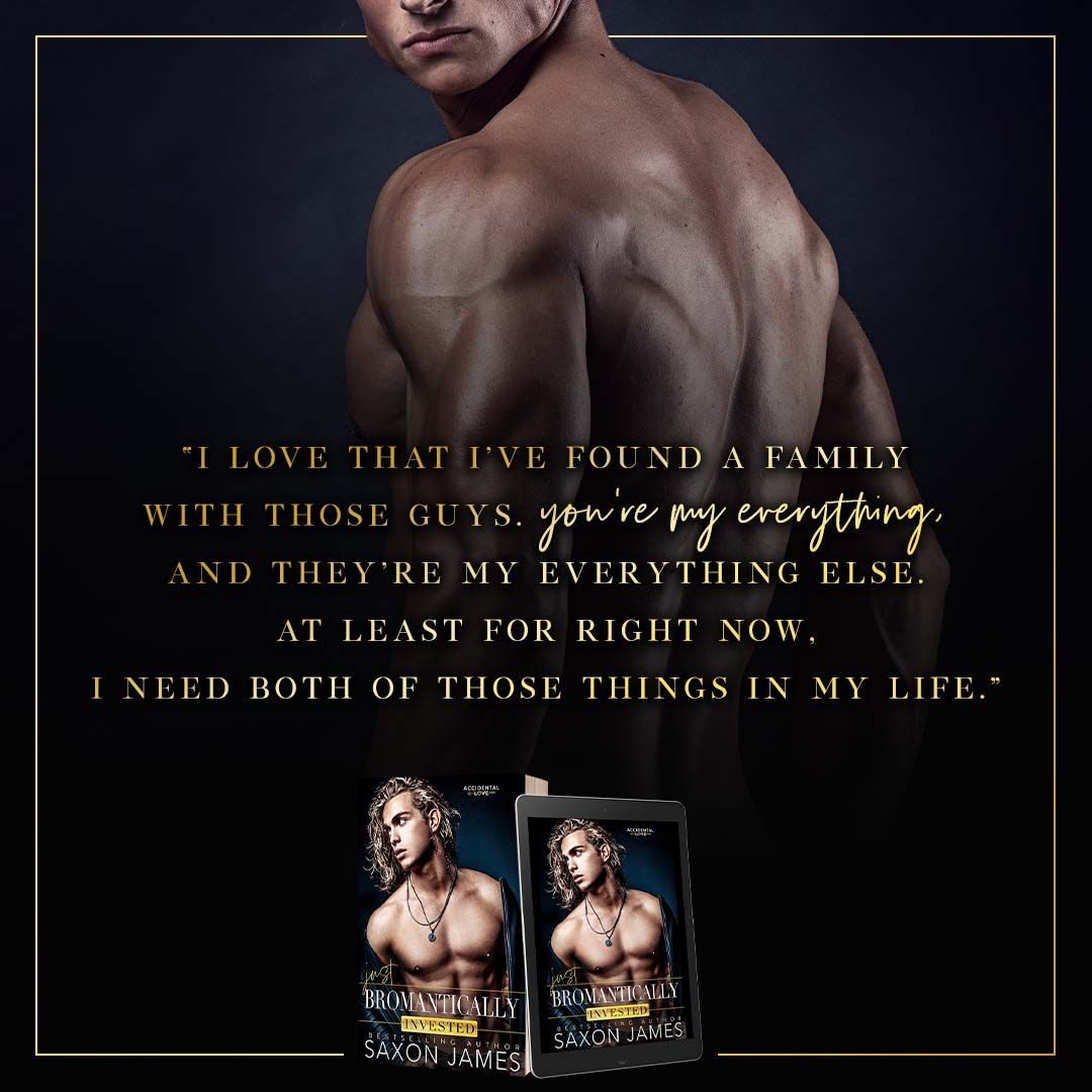 A shirtless man with long hair and a necklace is on the cover of a book called Just Bromantically Invested by Saxon James. A best friends to lovers, bi-awakening, naturist MC, found family romance book.