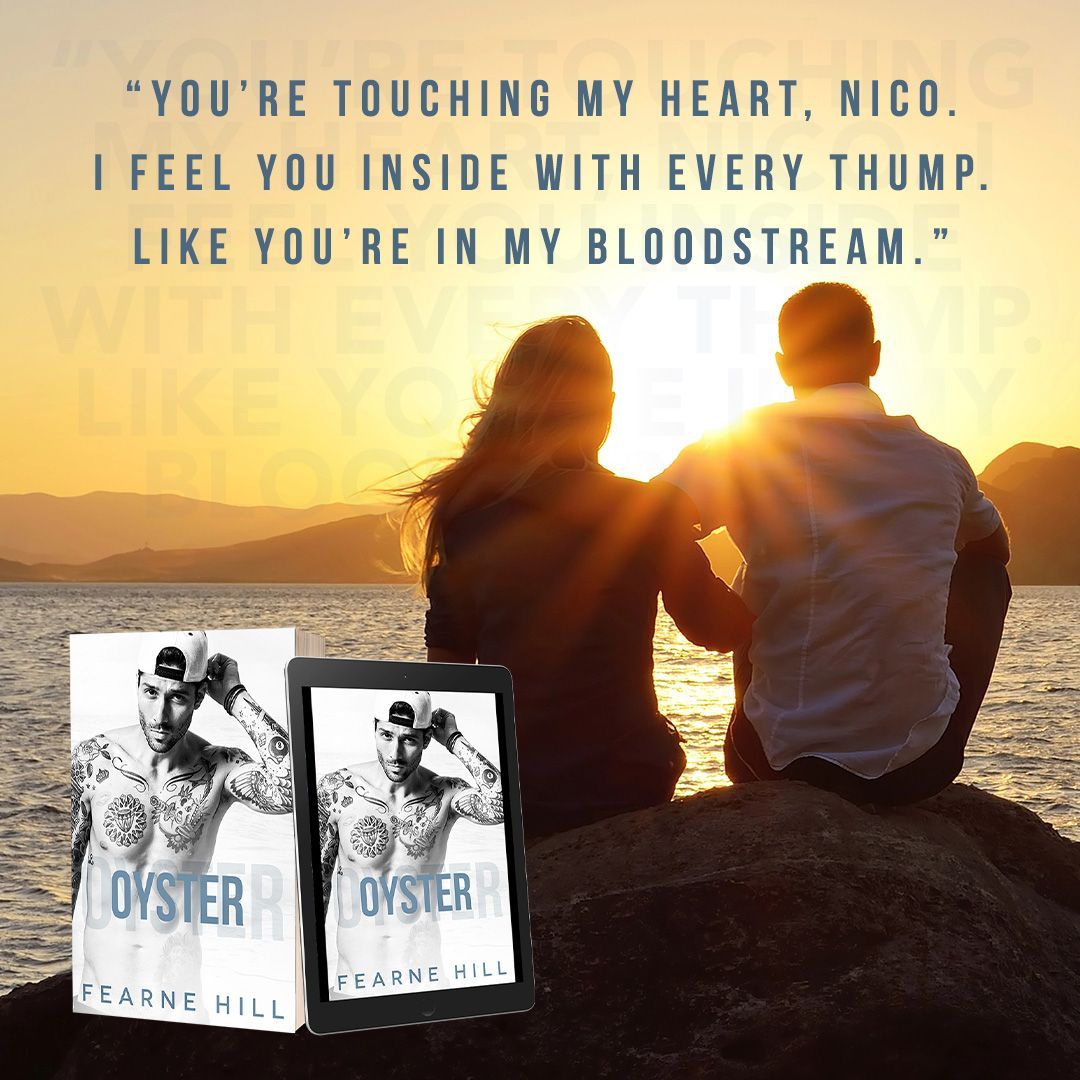 A couple sits on a rock near the water with a quote from the book Oyster by Fearne Hill.