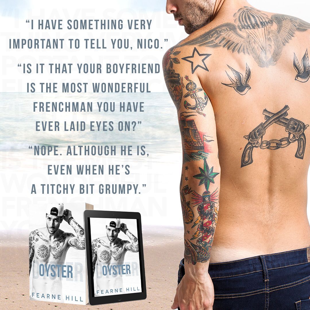 A shirtless man with a lot of tattoos on his back for a book called Oyster by Fearne Hill.