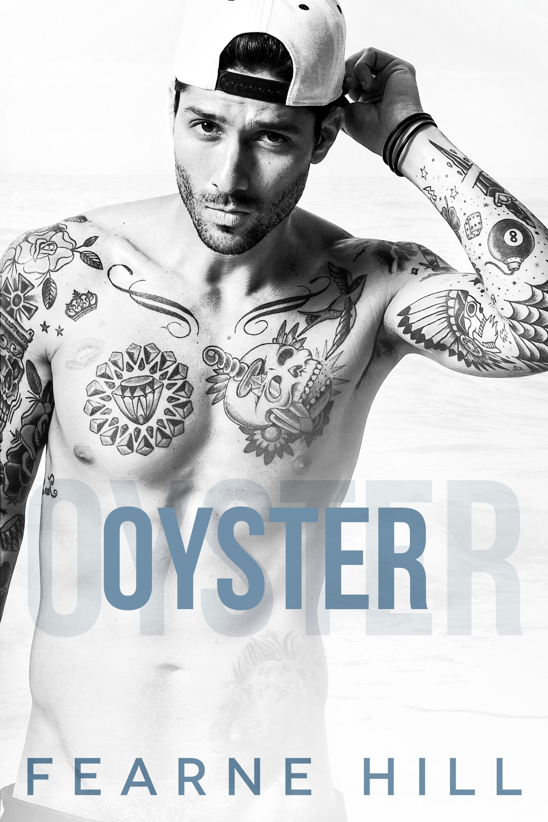 A black and white photo of a shirtless man with tattoos for a book called Oyster by Fearne Hill.