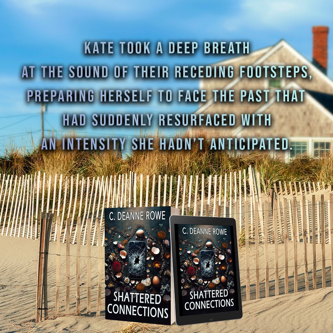 A woman in a white dress is holding a hat on the beach for a book called Shattered Connections by C. Deanne Rowe.